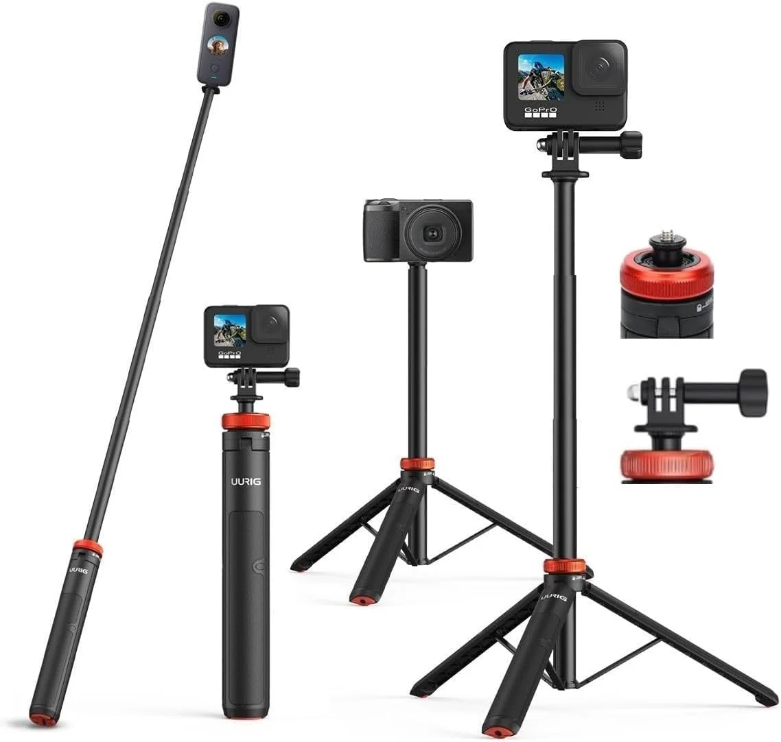 سه پایه دوربین قابل افزایش طول UURIG TP-03 52 اینچی برای Insta360 X4 X3 به همراه پیچ 1/4 اینچی، سه پایه کوچک و آداپتور دو شاخه، پایه سه پایه دوربین قابل حمل برای دوربین های اکشن AKASO و Wolfgang