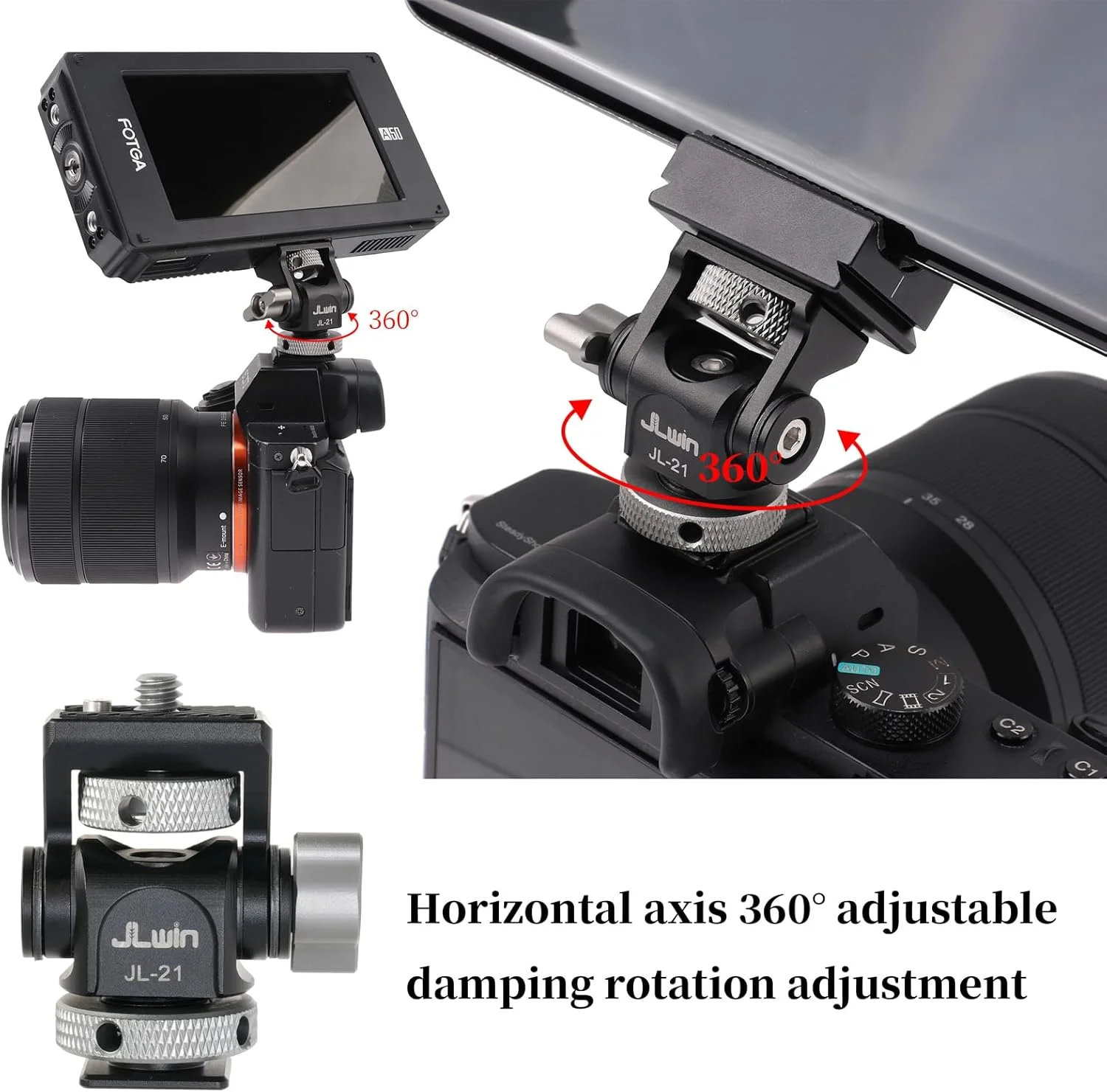 نگهدارنده مانیتور دوربین FOTGA، نگهدارنده قابل تنظیم مانیتور با کفشک گرم و پین ثابت کننده پیچ 1/4 اینچی، چرخش 360 درجه و نگهدارنده شیب 180 درجه، برای مانیتورهای 5 و 7 اینچی دوربین DSLR و چراغ LED