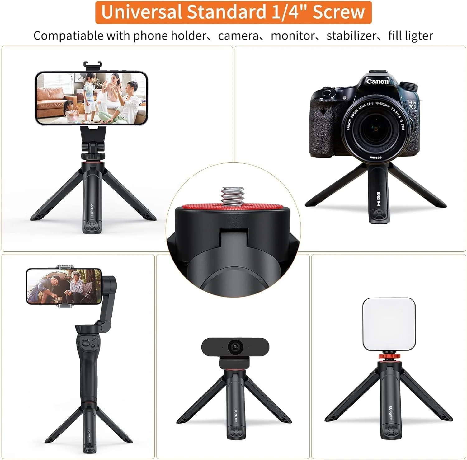 سه پایه کوچک دوربین قابل افزایش UURIG TP-05، سه پایه رومیزی وب کم با دسته سلفی استیک قابل حمل با پیچ 1/4 اینچی برای دوربین DSLR، نگهدارنده تلفن، سه پایه سلفی استیک Vlog