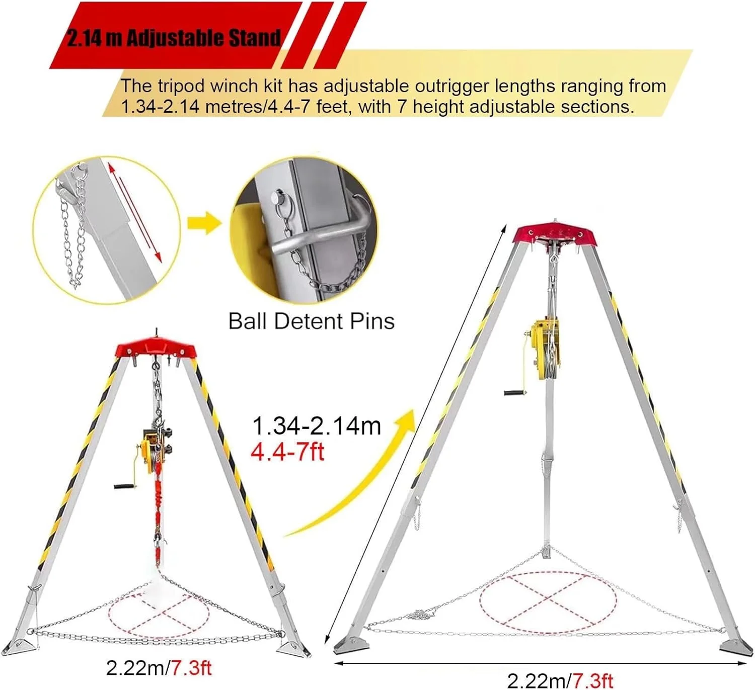 کیت سه پایه فضای محدود 2.1 متری با براکت و وینچ 816 کیلوگرمی، تجهیزات بالابر سه پایه صنعتی با پایه های قابل تنظیم، برای چاه های اکتشافی، تونل ها و فاضلاب
