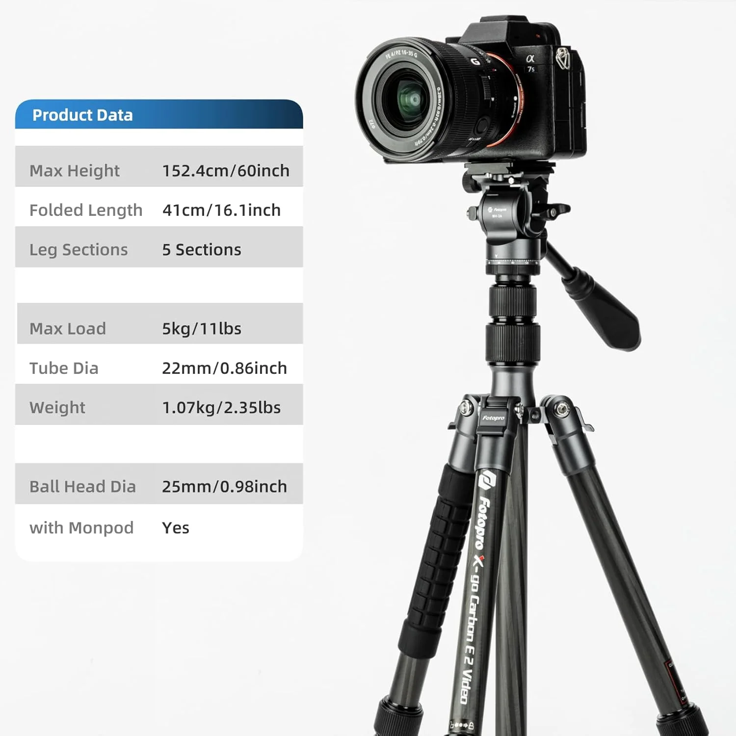 سه پایه مسافرتی فیبر کربنی 59 اینچی Fotopro، سه پایه های ویدیویی جمع و جور با هد سیال، تک پایه جداشدنی با صفحه رهاسازی سریع و کیف، سه پایه دوربین با ظرفیت بارگیری تا 8 کیلوگرم