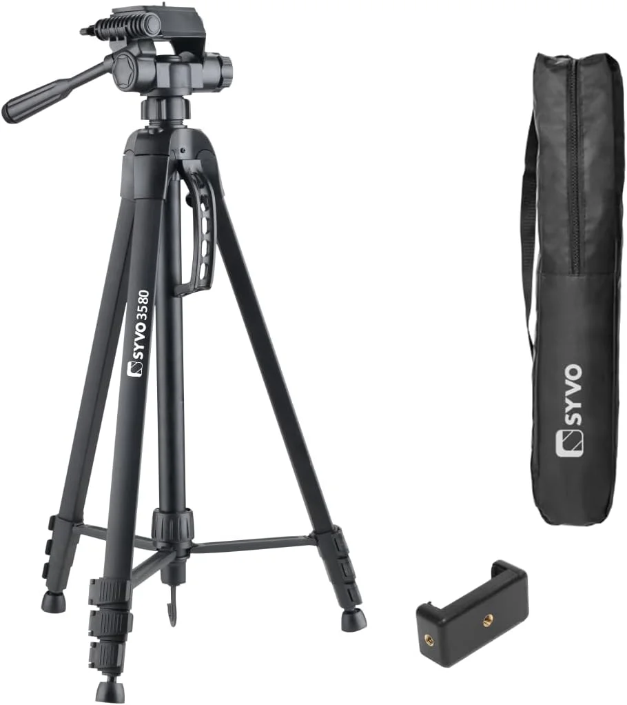 سه پایه 77 اینچی (195 سانتی متر) Syvo - 3580 برای دوربین DSLR | حداکثر ظرفیت بار تا 5 کیلوگرم | سه پایه آلومینیومی سبک وزن قابل حمل با سر توپی 360 درجه | کیف حمل (مشکی)