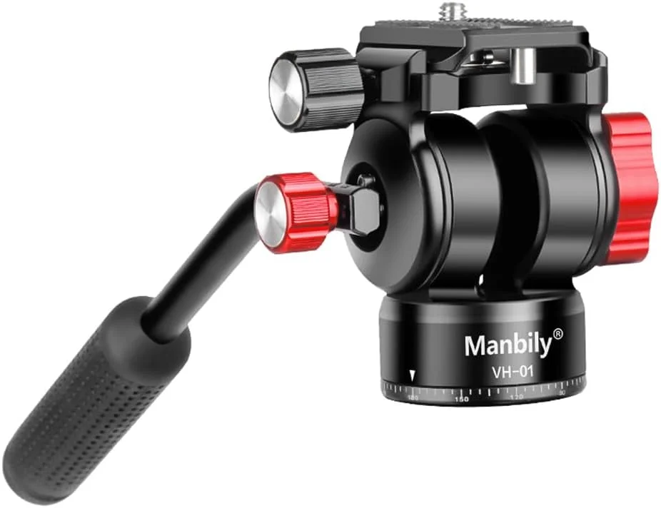 Irovami VH-1 هد سیال ویدیویی جمع و جور، هد پن تیلت، سه پایه، آلیاژ آلومینیوم، ظرفیت بار 3 کیلوگرم، با دسته، پیچ 1/4 اینچی، صفحه رهاسازی سریع