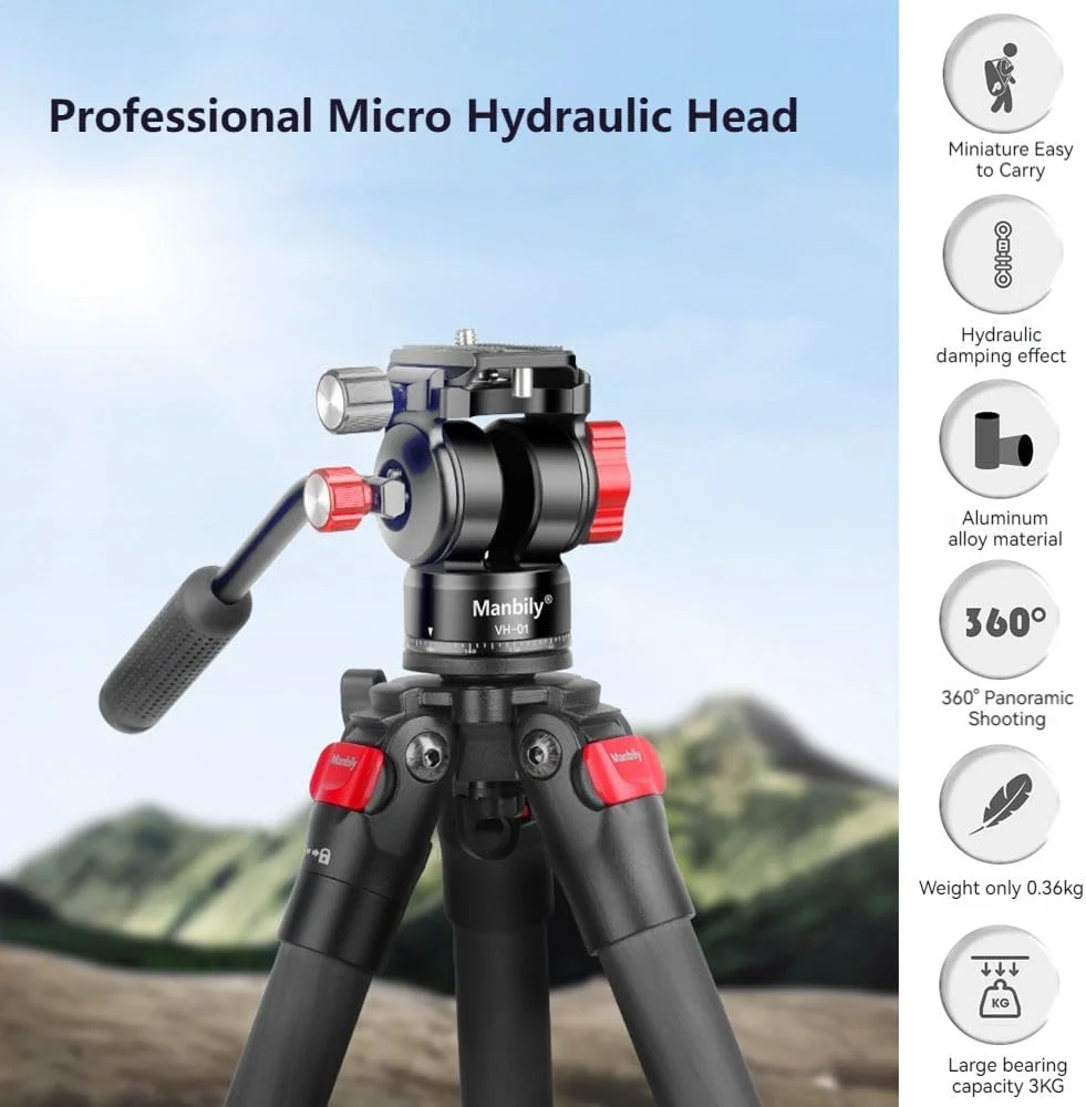 Irovami VH-1 هد سیال ویدیویی جمع و جور، هد پن تیلت، سه پایه، آلیاژ آلومینیوم، ظرفیت بار 3 کیلوگرم، با دسته، پیچ 1/4 اینچی، صفحه رهاسازی سریع