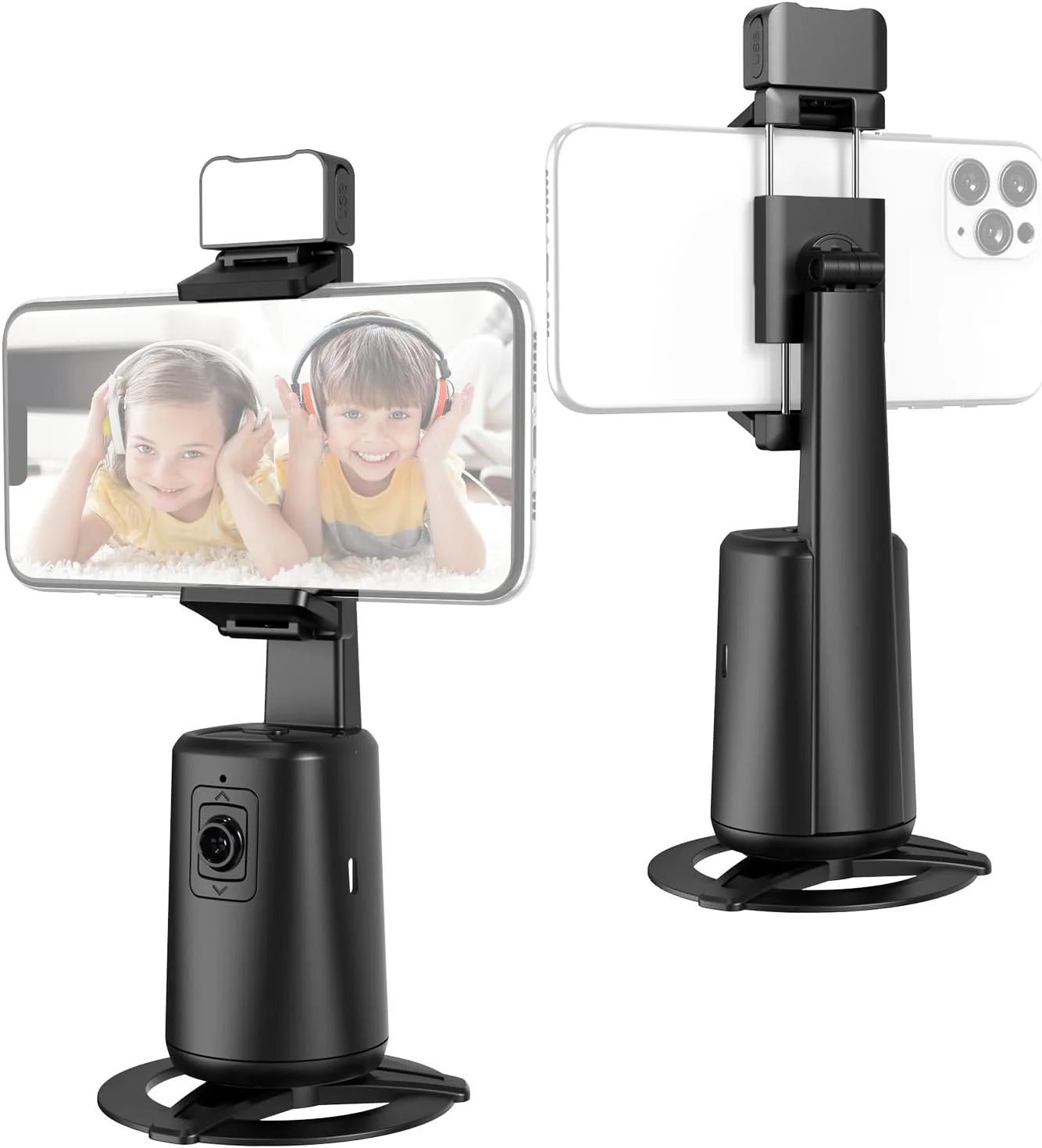 پایه نگهدارنده تلفن همراه رومیزی با قابلیت چرخش 360 درجه، کنترل با اشاره و نور LED مناسب برای ولاگ