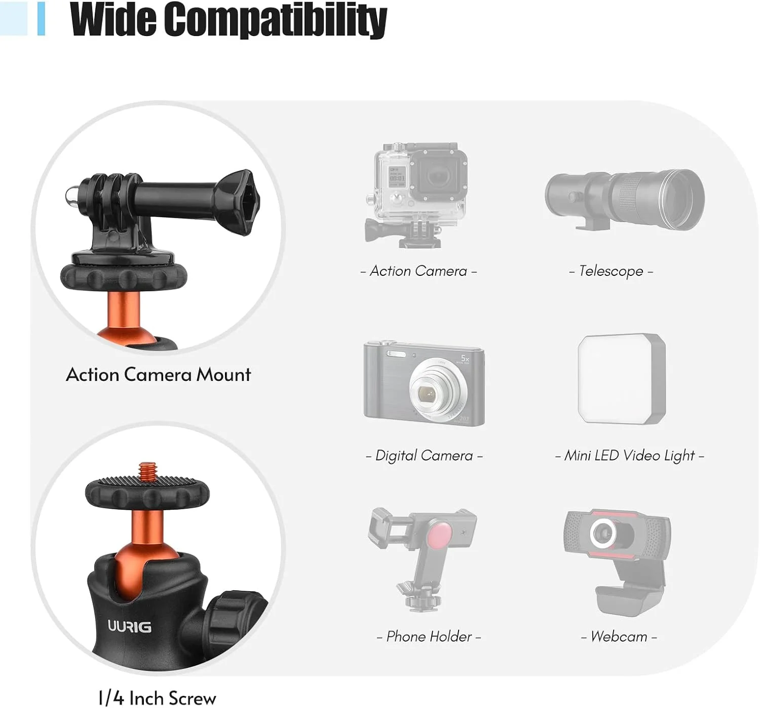 سر توپی کوچک دوربین Pepisky BH-07 با پیچ 1/4 اینچی به همراه پایه و آداپتور نصب دوربین ورزشی جایگزین برای دوربین های اکشن DJI 11109