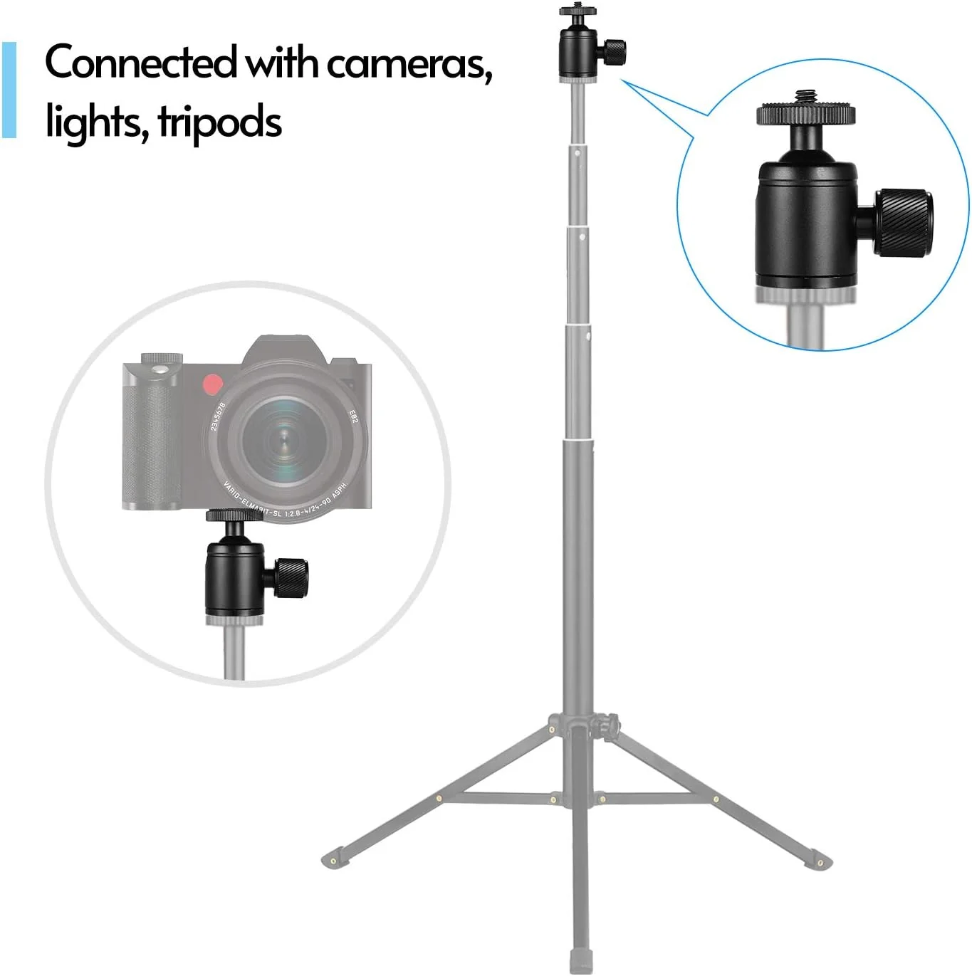 آداپتور سر توپی فلزی کوچک Pepisky، آلیاژ آلومینیوم با پیچ 1/4 اینچ و سوراخ پیچ 3/8 اینچ برای دوربین تلفن همراه چراغ LED، مشکی