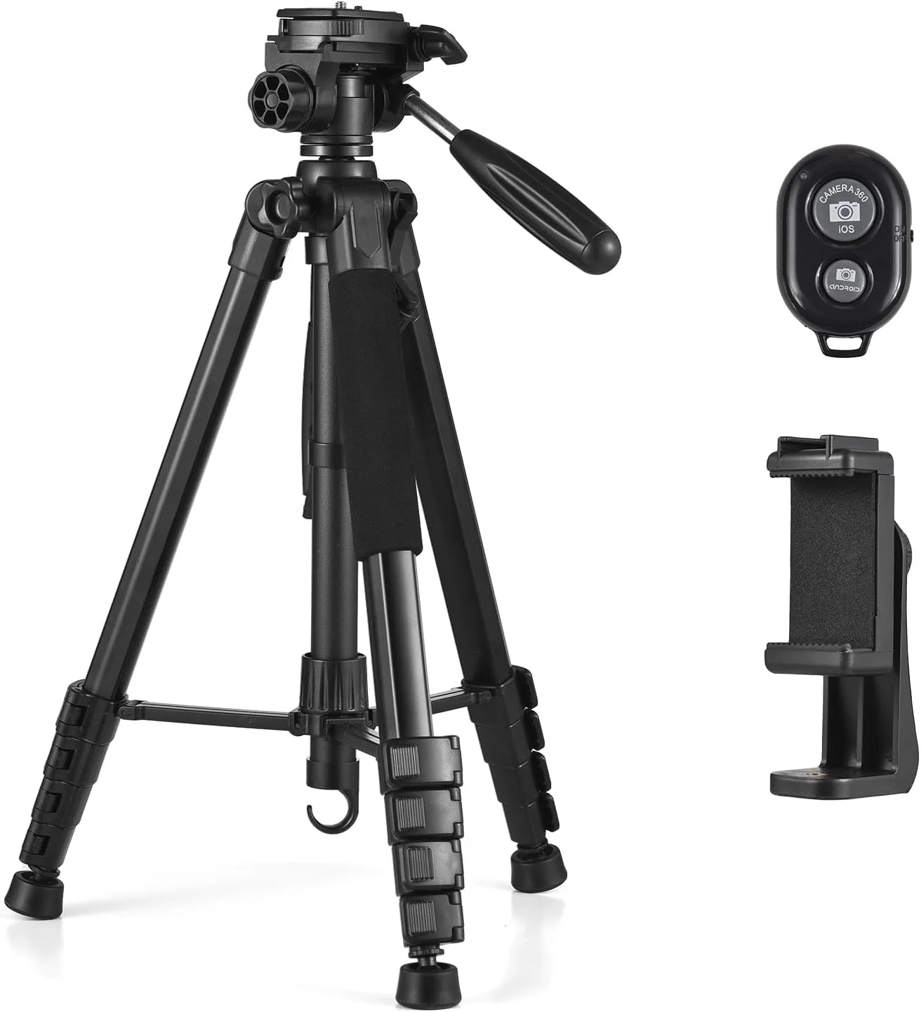 پایه دوربین عکاسی آلومینیومی پیپسکی 1.88 متری با قابلیت چرخش 360 درجه، ظرفیت بارگیری 5 کیلوگرم، اتصال پیچی 1/4 اینچی به همراه گیره نگهدارنده تلفن و شاتر از راه دور، مناسب برای دوربین های کانن و سونی