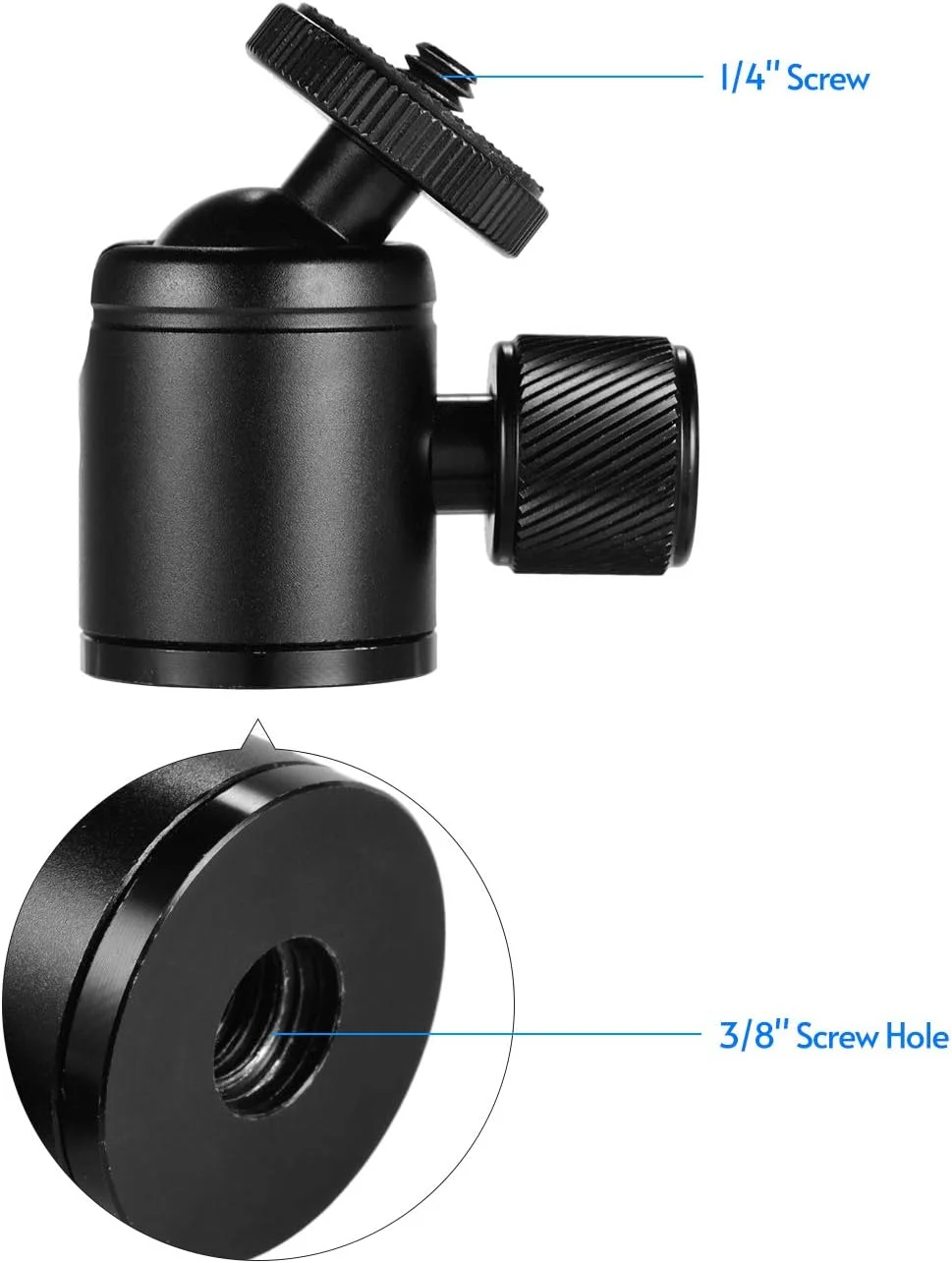 آداپتور سر توپی فلزی کوچک Pepisky، آلیاژ آلومینیوم با پیچ 1/4 اینچ و سوراخ پیچ 3/8 اینچ برای دوربین تلفن همراه چراغ LED، مشکی