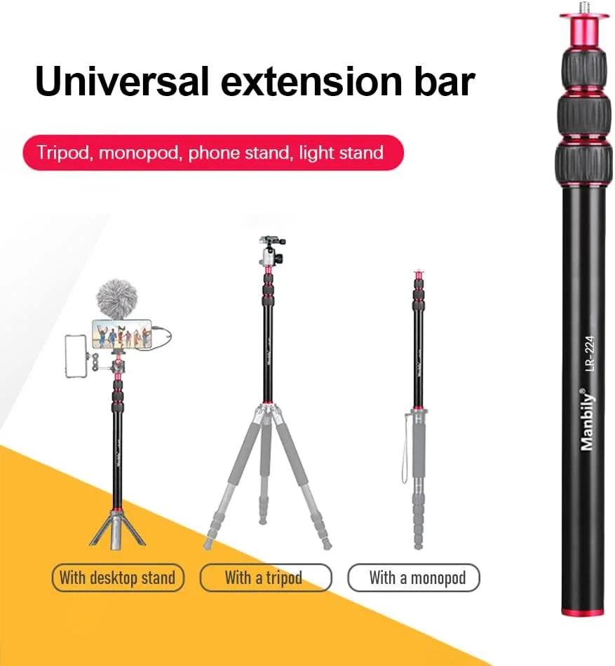 میله افزایش طول پپیسکی LR-224، آلیاژ آلومینیوم 101 سانتی متری با ظرفیت بار 5 کیلوگرم، 4 بخش با پیچ رزوه ای جهانی 1/4 اینچ و 3/8 اینچ برای دوربین های DSLR SLR، تثبیت کننده، هد توپی و گیره تلفن
