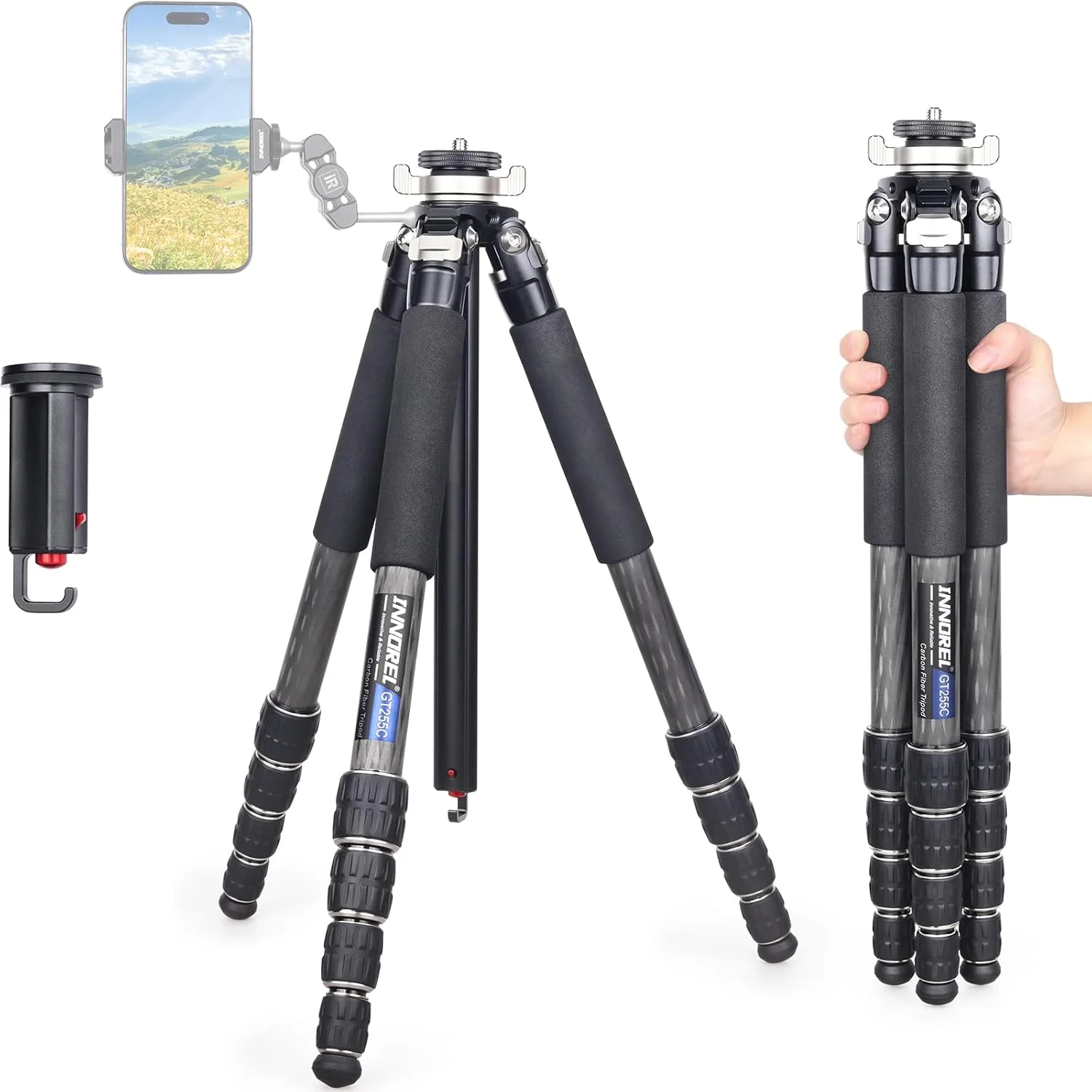 سه پایه فیبر کربنی INNOREL مدل GT255C، سه پایه حرفه ای، جمع و جور و قابل حمل برای دوربین های DSLR دیجیتال، 5 قسمتی، پایه نگهدارنده دوربین با ستون مرکزی خاص، لوله 25 میلی متری، حداکثر تحمل وزن 15 کیلوگرم