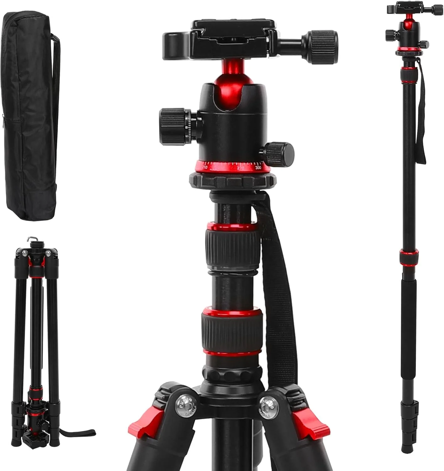 سه پایه دوربین آلومینیومی MOSISO 77 اینچی با سر توپی 360 درجه، پایه سه پایه دوربین سنگین با کیف برای کار مسافرتی، سه پایه و تک پایه DSLR سازگار با دوربین های Canon Nikon Sony، تحمل وزن 8 کیلوگرم، قرمز