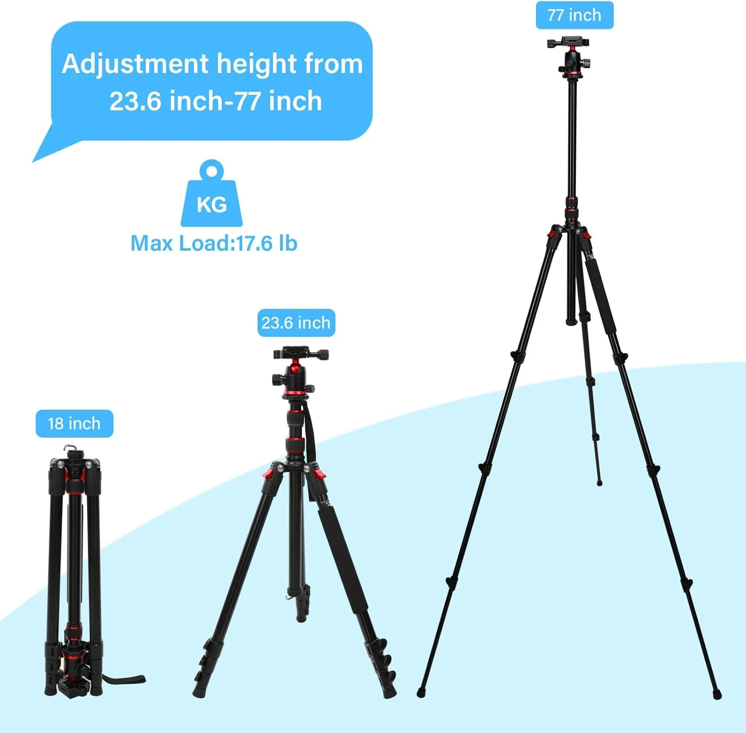 سه پایه دوربین آلومینیومی MOSISO 77 اینچی با سر توپی 360 درجه، پایه سه پایه دوربین سنگین با کیف برای کار مسافرتی، سه پایه و تک پایه DSLR سازگار با دوربین های Canon Nikon Sony، تحمل وزن 8 کیلوگرم، قرمز