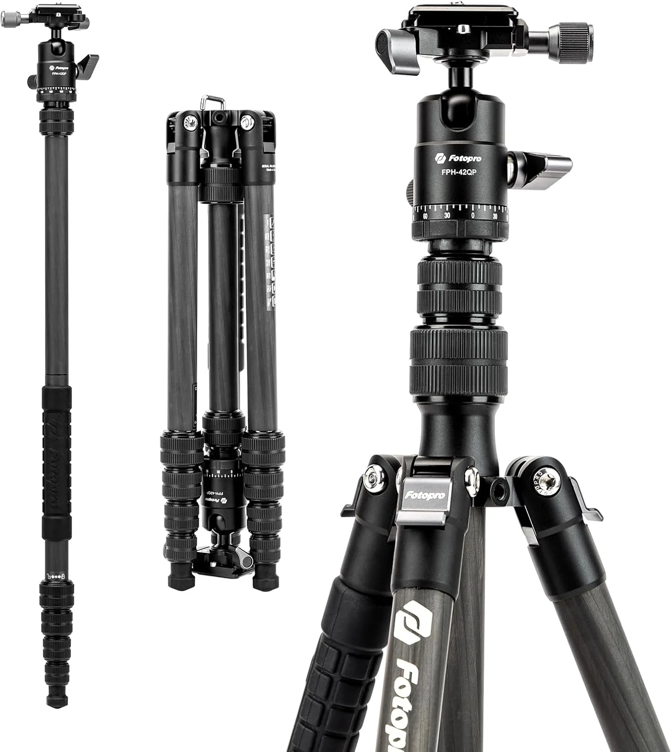 سه پایه مسافرتی فیبر کربنی 60 اینچی Fotopro، سه پایه دوربین جمع و جور با هد توپی و صفحه رهاسازی سریع برای دوربین های DSLR SLR، تک پایه جداشدنی با کیف دوربین، تحمل وزن تا 8 کیلوگرم، X-go E 2 فیبر کربن