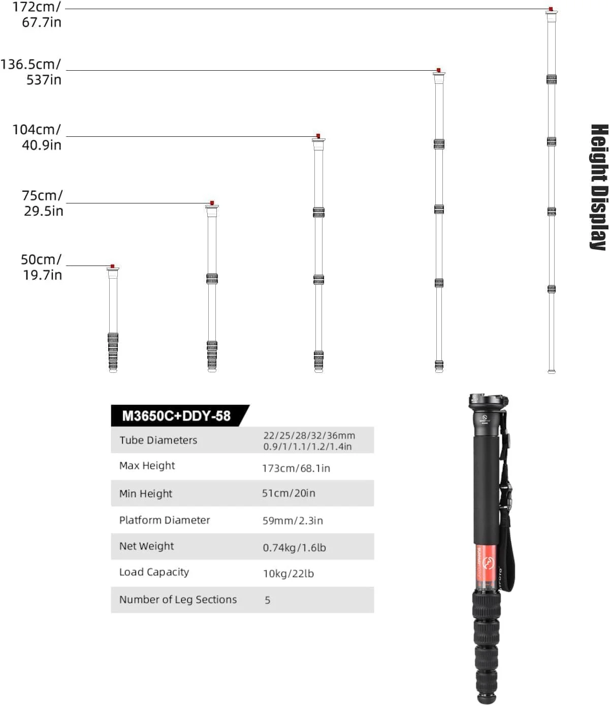 تک پایه فیبر کربنی سانوی فوتو مدل M3650C + DDY-58، قطر مقطع بالایی 36 میلی متر، حداکثر تحمل وزن 10 کیلوگرم، فوق العاده قابل حمل + دارای گیره سازگار با Arca