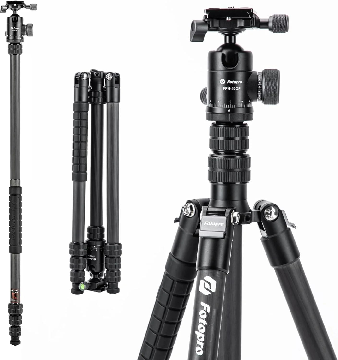 سه پایه فیبر کربنی 73 اینچی دوربین Fotopro، سه پایه مسافرتی جمع و جور با سر توپی، تک پایه جداشدنی با صفحه رهاسازی سریع و کیف دوربین، تحمل وزن تا 10 کیلوگرم