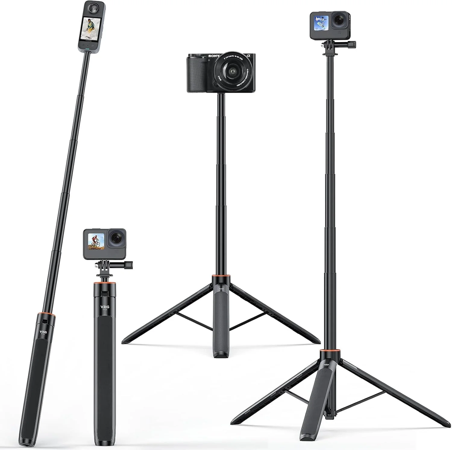 مونوپاد تلسکوپی 54 اینچی VRIG Select UURig TP21 به همراه سه پایه و دسته ضد آب، مناسب برای دوربین های Insta360 GoPro Hero 10 9 8 7 6 5 4 3 2, Fusion, Max, Session, AKASO, SJCAM, DJI OSMO Action