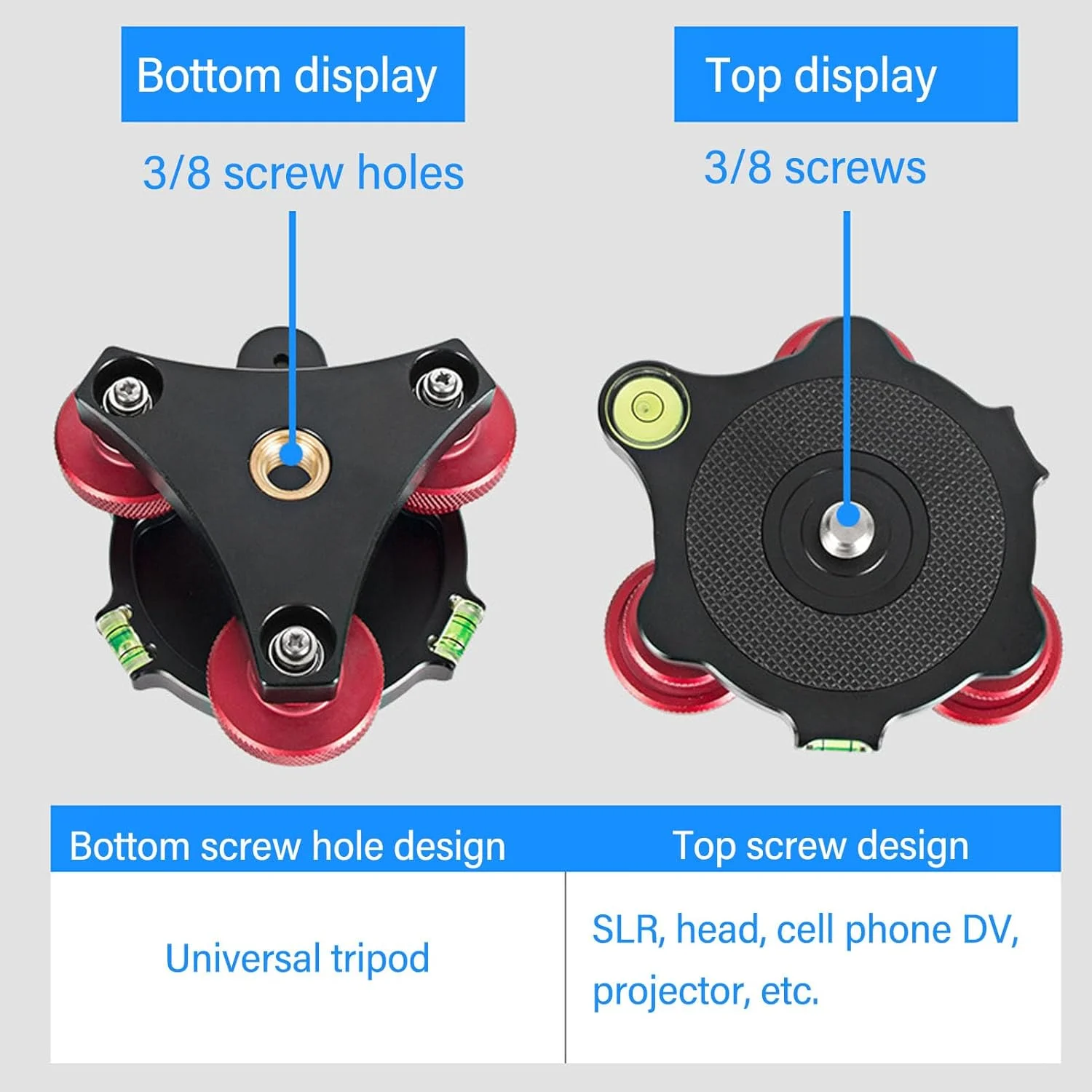 پایه تراز هد سه پایه دوربین، تراز کننده دوربین آلیاژ آلومینیوم رزوه 3/8 اینچ، تراز دقیق 3 حبابی، تراز سه چرخ برای عکاسی پانوراما ماکرو