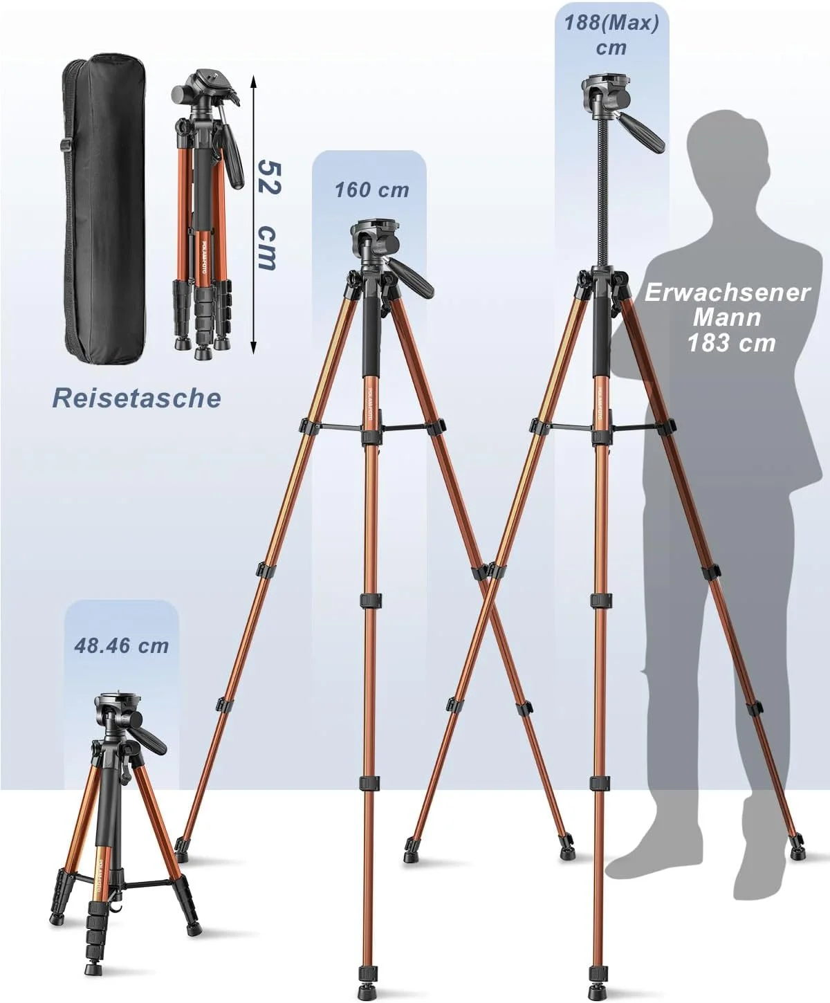 سه پایه دوربین 188 سانتی متری، سه پایه آلومینیومی حرفه ای و مقاوم، سه پایه جمع و جور به همراه کیف حمل، به همراه نگهدارنده تلفن نارنجی