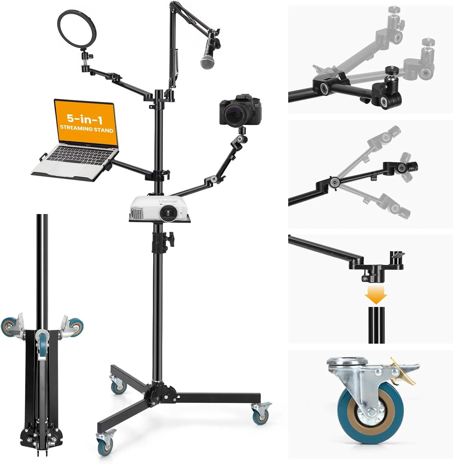 پایه استریم تارون با چرخ - کیت تجهیزات استریم 5 در 1، 155 سانتی متری: شامل بازوی میکروفون + 3 بازوی مفصلی + 1 نگهدارنده پروژکتور، پایه استریم قابل تنظیم و سنگین TitanRig