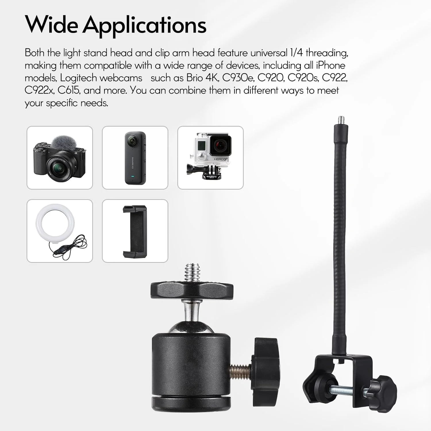 پایه نگهدارنده دوربین بالای سر، بازوی تاشو تلفن همراه با چراغ حلقه ای 8 اینچی، دارای سر توپی و گیره تلفن همراه، سازگار با دوربین های کامپکت، تلفن های هوشمند، وب کم و چراغ حلقه ای DOOMUN