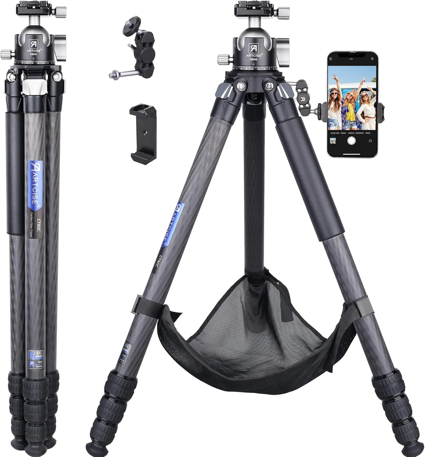 سه پایه فیبر کربنی ARTCISE با هد توپی کم ارتفاع 46 میلی متری و کیسه سنگ، پایه دوربین مسافرتی سنگین برای دوربین های Canon Sony Nikon DSLR، حداکثر بار 25 کیلوگرم (هدیه اضافی: کیسه سنگ، بازوی جادویی، گیره تلفن)