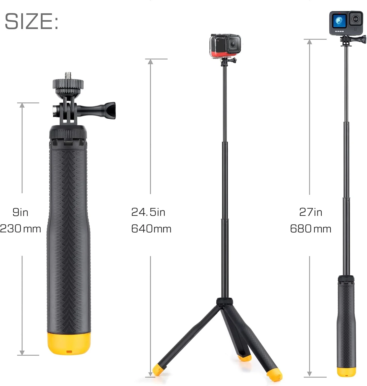 مونوپاد شناور 4 در 1، سه پایه دسته نگهدارنده ضد آب، میله سلفی تلسکوپی برای GoPro Hero 12 11 10 9 8 7 6 5 4، Insta360، قابل استفاده به عنوان سه پایه شناور، دسته نگهدارنده، میله سلفی، پایه سه پایه، زرد