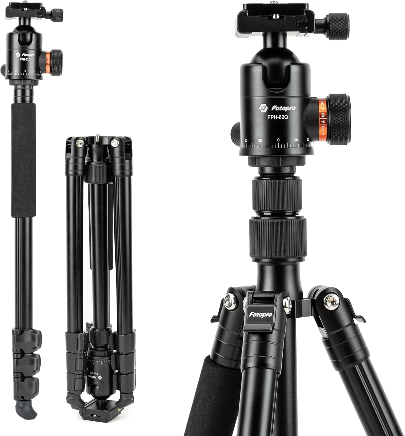 سه پایه دوربین Fotopro 165 سانتی متری، سه پایه و تک پایه مسافرتی آلومینیومی با سر توپی 360 درجه، سه پایه دوربین حرفه ای برای DSLR Canon Nikon Sony، تا 8 کیلوگرم ظرفیت