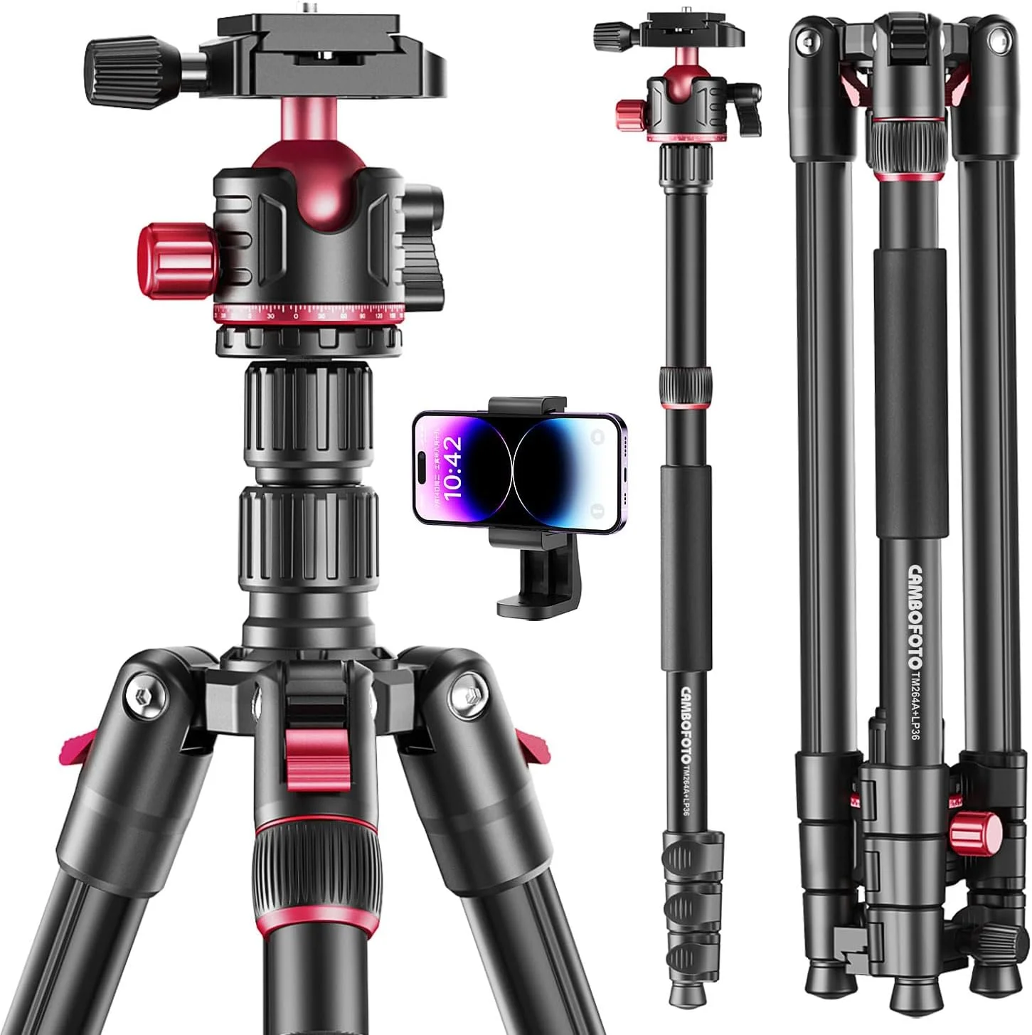 سه پایه دوربین عکاسی حرفه ای CAMBOFOTO 74 اینچی، سه پایه و تک پایه آلومینیومی DSLR/SLR با سر توپی به همراه کیف حمل، سازگار با دوربین های کانن نیکون، دوربین های دوچشمی و تلسکوپ های لیزری (وزن 3 پوند، تحمل وزن 13 پوند)