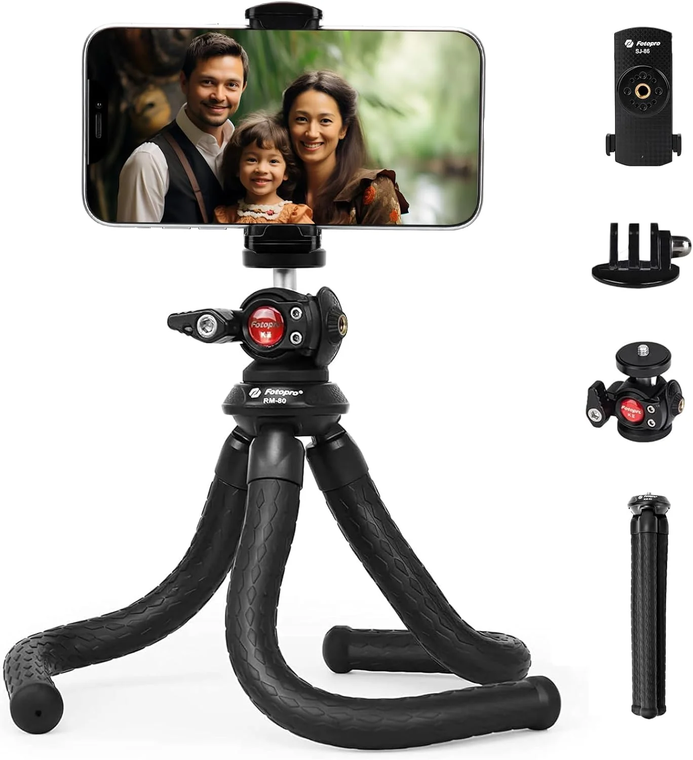 سه پایه انعطاف پذیر دوربین Fotopro برای آیفون با نگهدارنده دوربین اکشن و سر توپی، سه پایه هشت پا قابل حمل و خم شو برای ضبط ویدیو و ولاگ دوربین های ورزشی