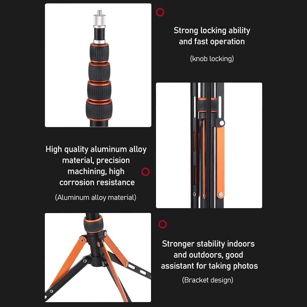 پایه سه پایه تاشو آلومینیومی Labymos SL25-5 با طول 85.03 اینچ، 5 قسمتی قابل تنظیم، ظرفیت بار 5 کیلوگرم، دارای پیچ 1/4 و 3/8 اینچ، سازگار با دوربین، تلفن، گیمبال و چراغ LED