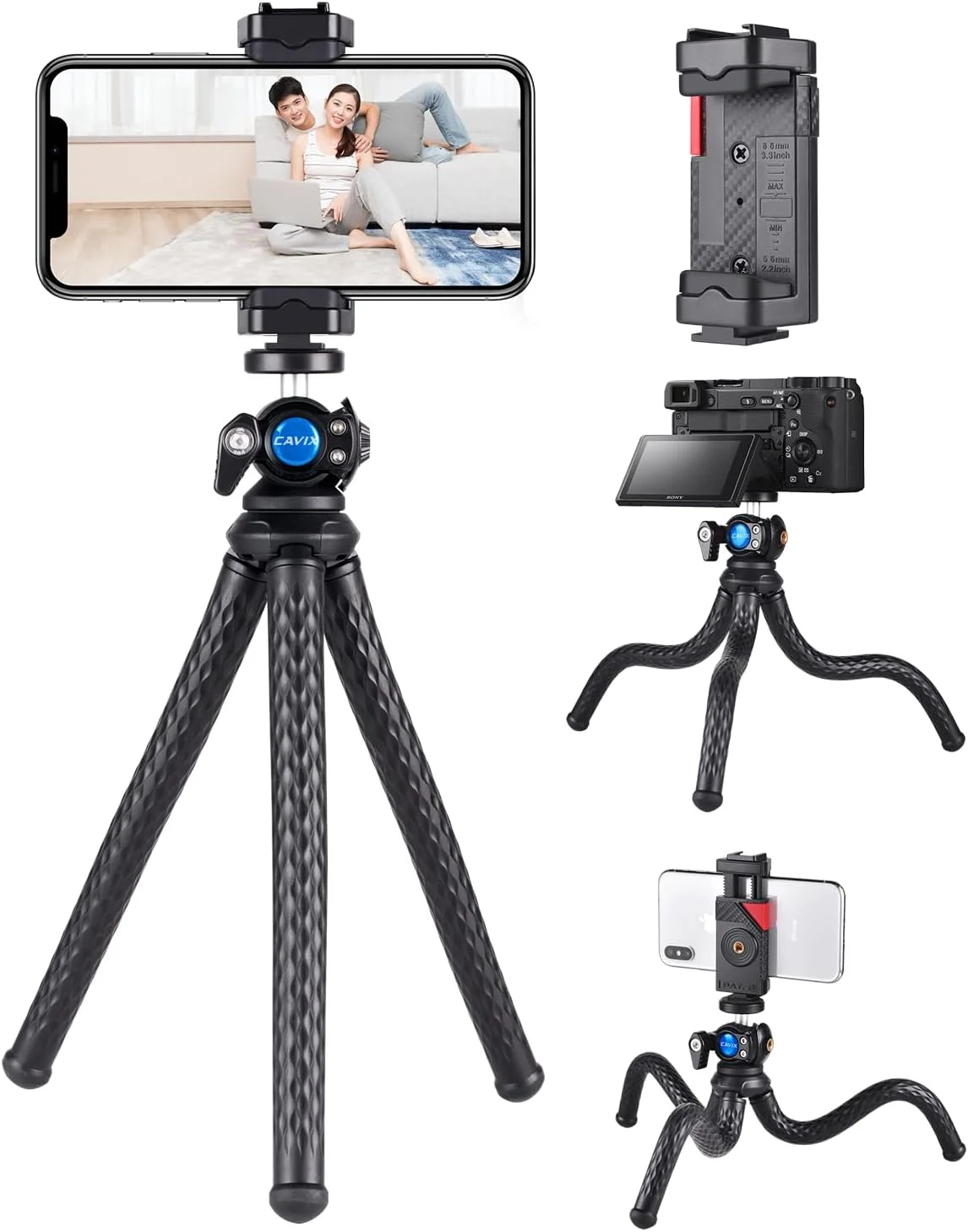 سه پایه انعطاف پذیر دوربین CAVIX با نگهدارنده تلفن همراه و پایه نور سرد، سه پایه انعطاف پذیر تلفن همراه برای دوربین های آیفون
