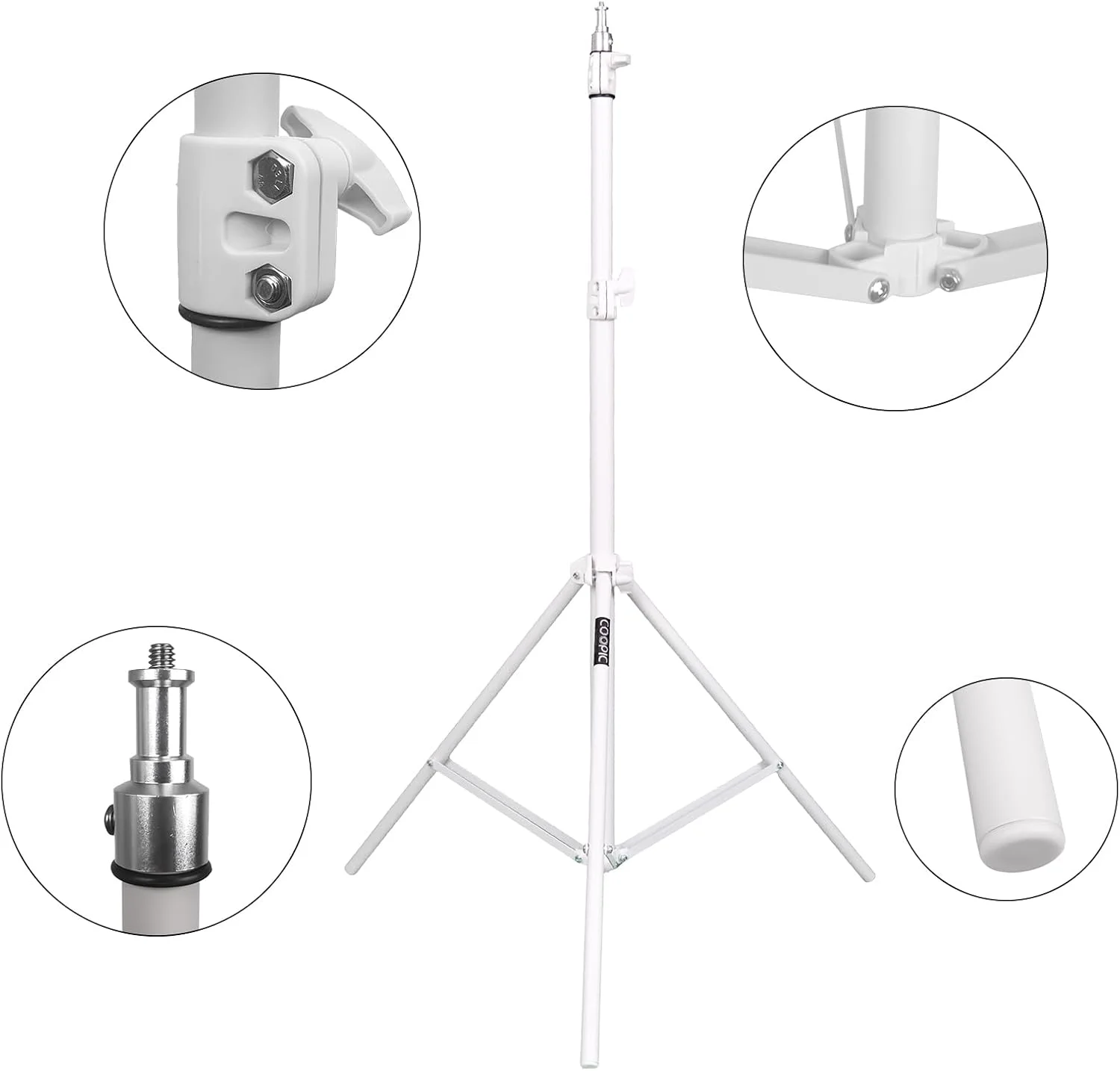 پایه سه پایه آلومینیومی سبک و مقاوم COOPIC مدل L210، قابل تنظیم با حداکثر ارتفاع 210 سانتی متر و پیچ 1/4 اینچی مناسب برای رفلکتورها، سافت باکس ها، چراغ ها، چترها و غیره، حداکثر بار 7 کیلوگرم، رنگ سفید (3 عدد)
