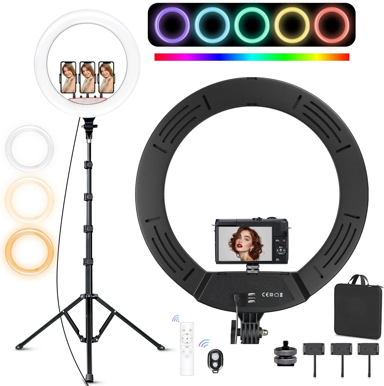 حلقه نور 18 اینچی RGB به همراه سه پایه