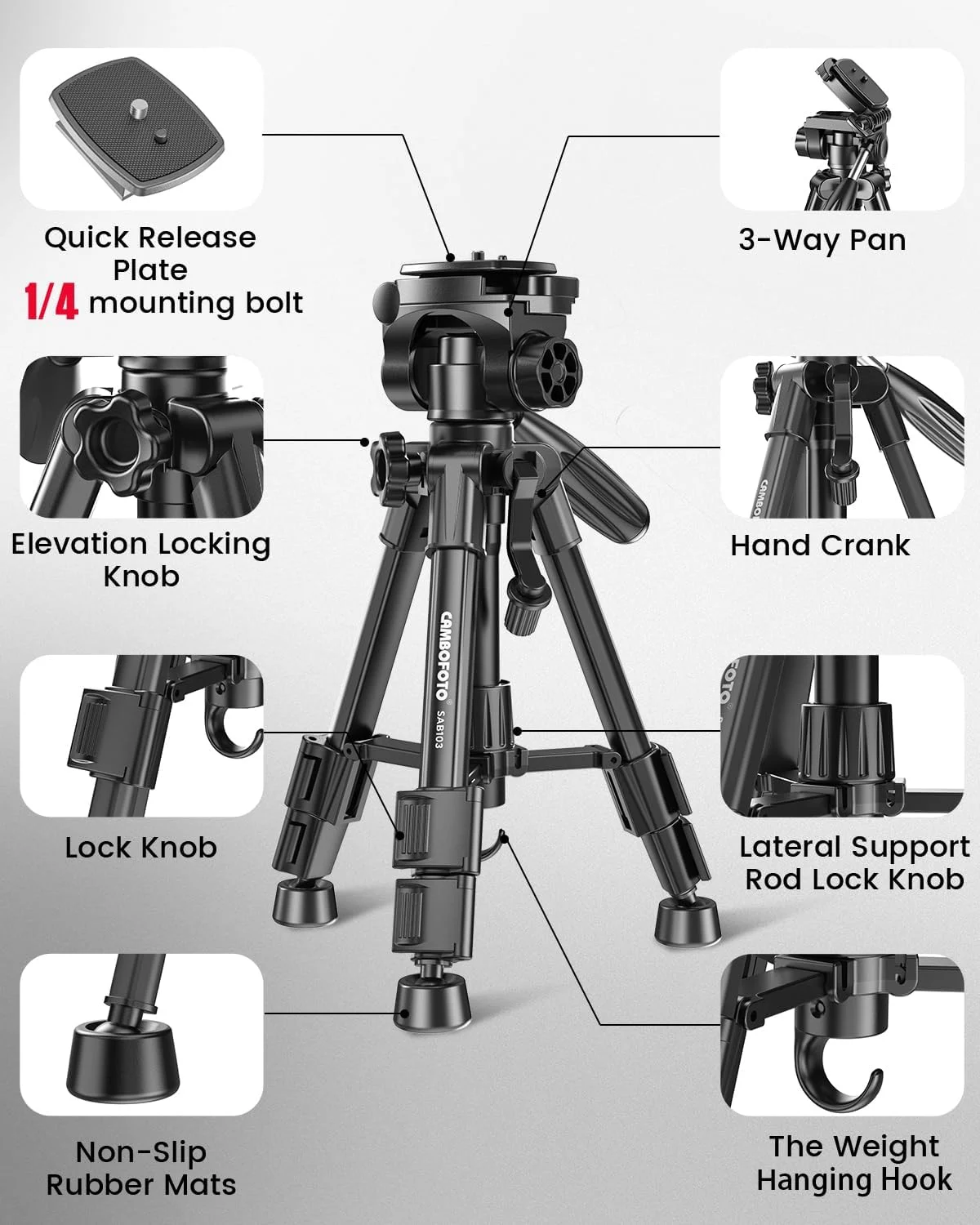 سه پایه رومیزی CAMBOFOTO 62 سانتی متری با گیره آیپد و مانت پیچ 1/4 برای دوربین