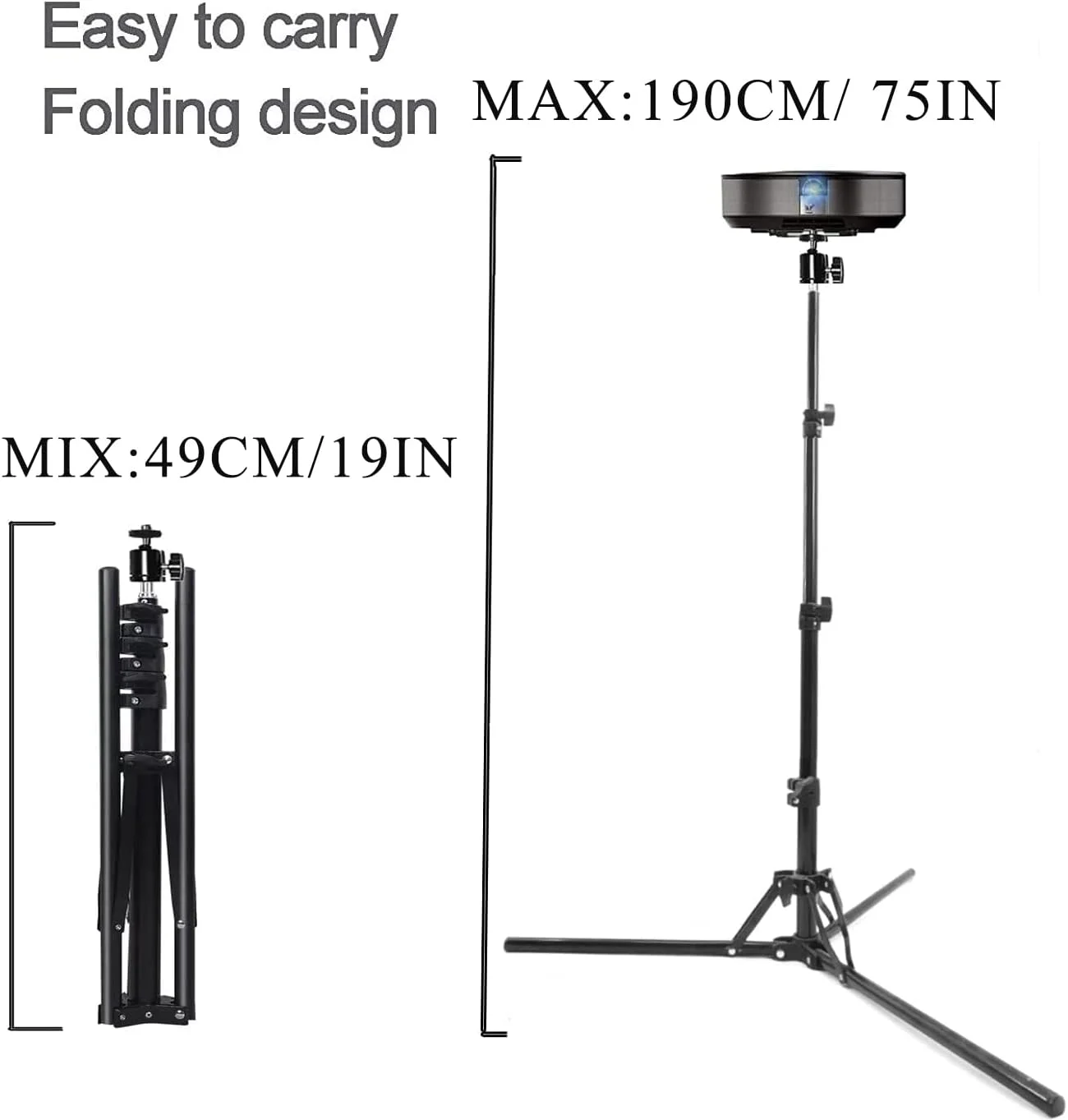 پایه سه پایه پروژکتور Coret، پایه زمینی سه پایه قابل حمل، تاشو، پایه بیرونی برای پروژکتور، ارتفاع قابل تنظیم 50 تا 190 سانتی متر (بدون سینی)