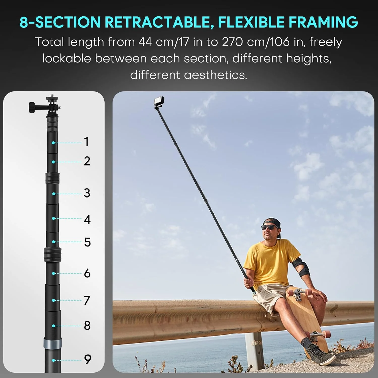 مونوپاد سلفی کربنی REYGEAK برای Insta360، مونوپاد پلاری قابل افزایش طول از جنس فیبر کربن برای GoPro Max Hero 11 10 9 8، DJI OSMO Action 4/Action 3 و سایر دوربین ها (2.7 متر/270 سانتی متر)