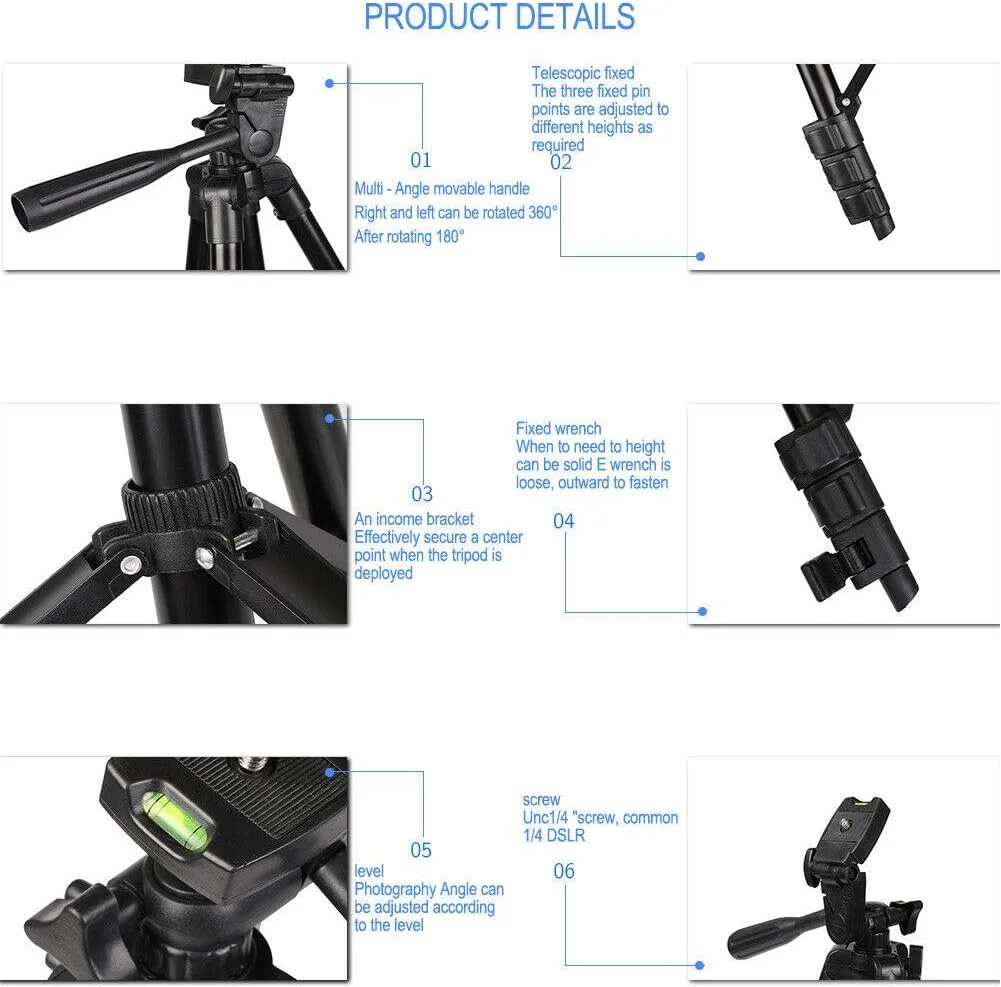 سه پایه دوربین، سه پایه سبک وزن آلیاژ آلومینیومی تلفن همراه با آداپتور تلفن جهانی، تراز حباب و کیف حمل، برای دوربین و اکثر تلفن ها