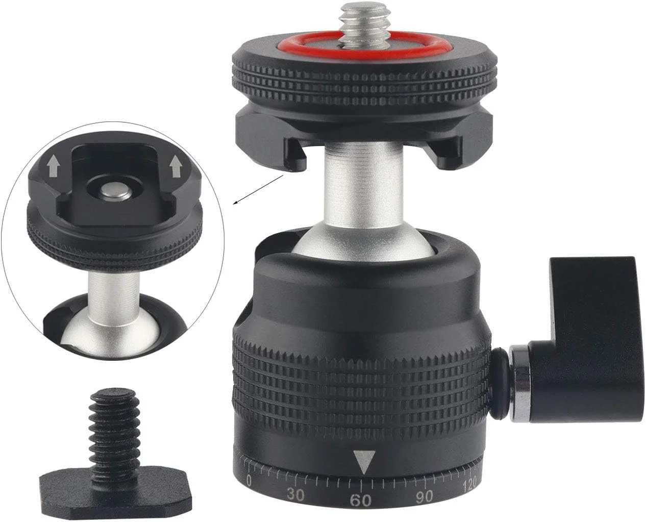 مینی هد توپی با مانت کفشک سرد، هد توپی پانوراما سه پایه با پیچ 1/4، سه آداپتور مانت کفشک برای فلاش/مانیتور/میکروفون (طراحی 3 در 1)
