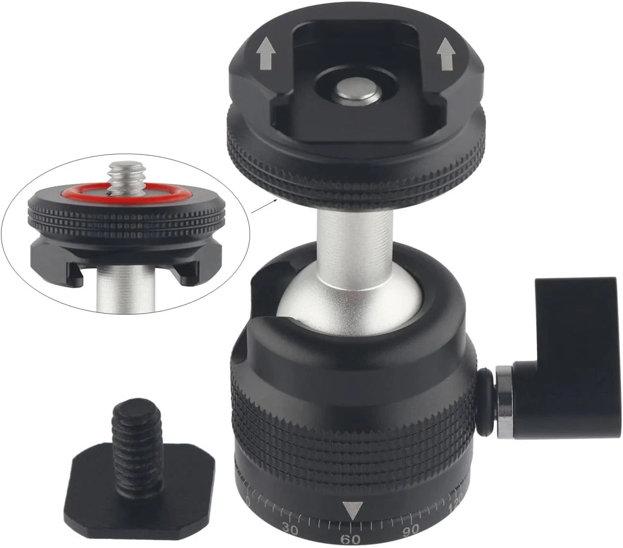 مینی هد توپی با مانت کفشک سرد، هد توپی پانوراما سه پایه با پیچ 1/4، سه آداپتور مانت کفشک برای فلاش/مانیتور/میکروفون (طراحی 3 در 1)