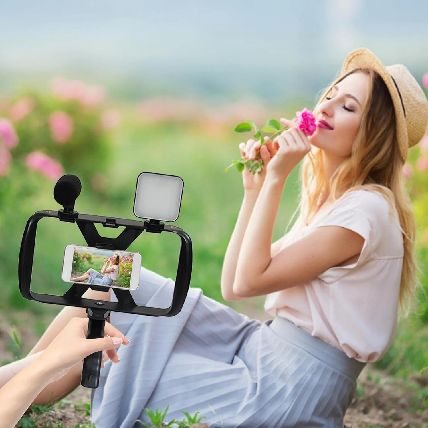 سه پایه لایو - کیت براکت دوربین موبایل 4 در 1 - نور پرکننده میکروفون سه پایه سلفی بی سیم قابل حمل برای ضبط ویدیو