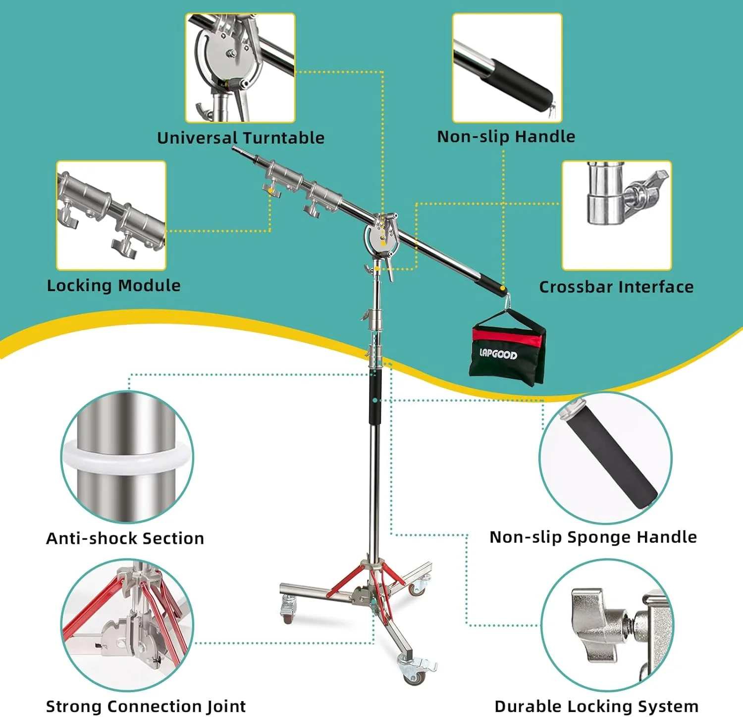 پایه نور سنگین با چرخ و بازوی بوم، پایه سه پایه قابل تنظیم استیل ضد زنگ، پایه چرخ دار عکاسی برای سافت باکس استودیو، مونو لایت، رفلکتور