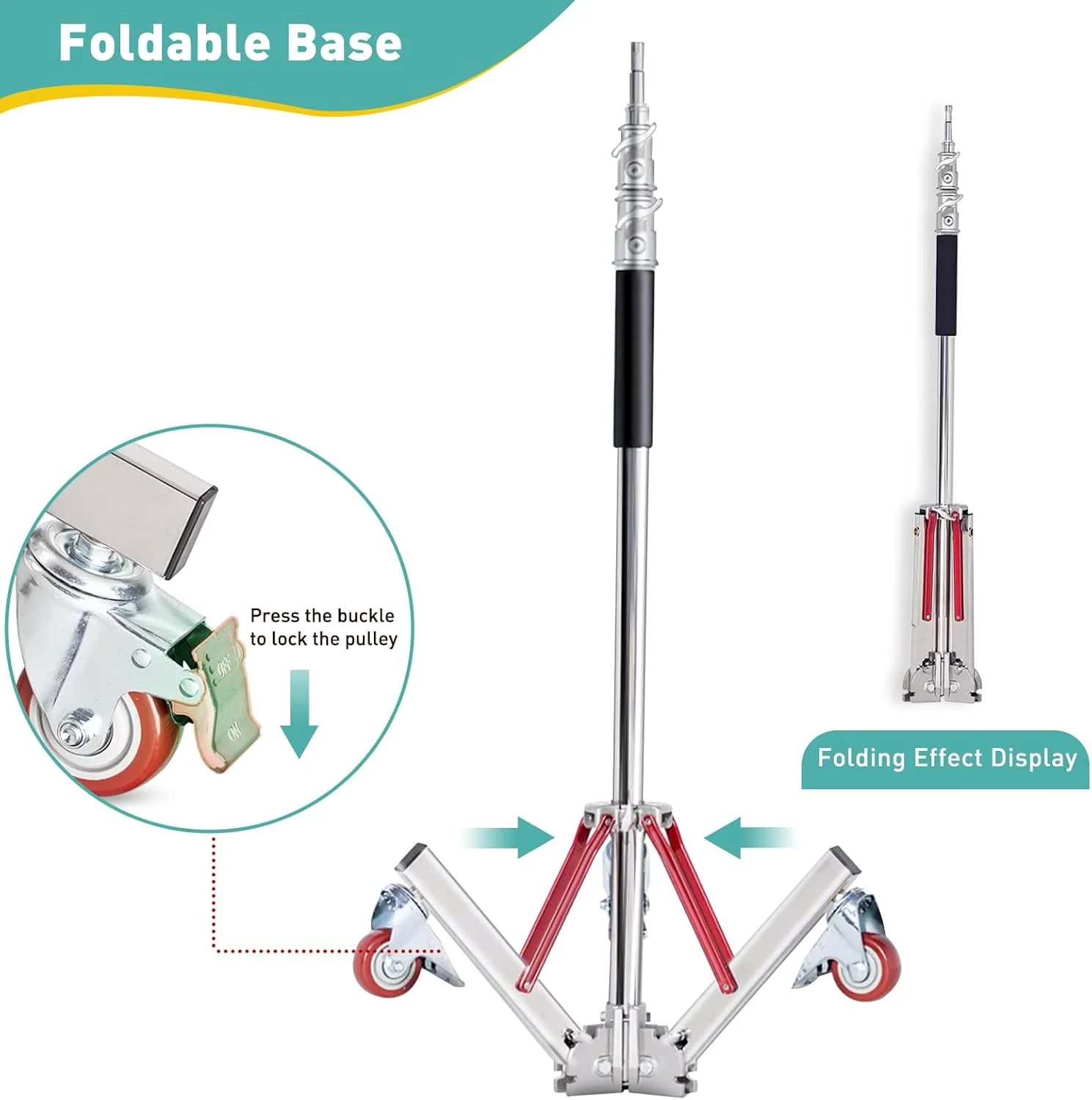 پایه نور سنگین با چرخ و بازوی بوم، پایه سه پایه قابل تنظیم استیل ضد زنگ، پایه چرخ دار عکاسی برای سافت باکس استودیو، مونو لایت، رفلکتور