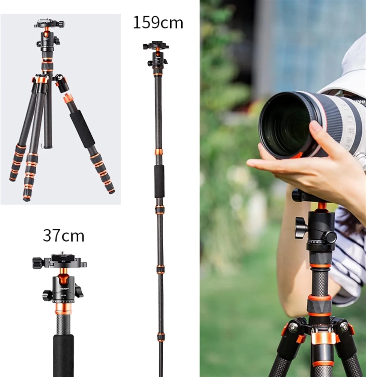 سه پایه دوربین فیبر ZURBAA، سه پایه مسافرتی سبک وزن قابل حمل با سر توپی پانوراما