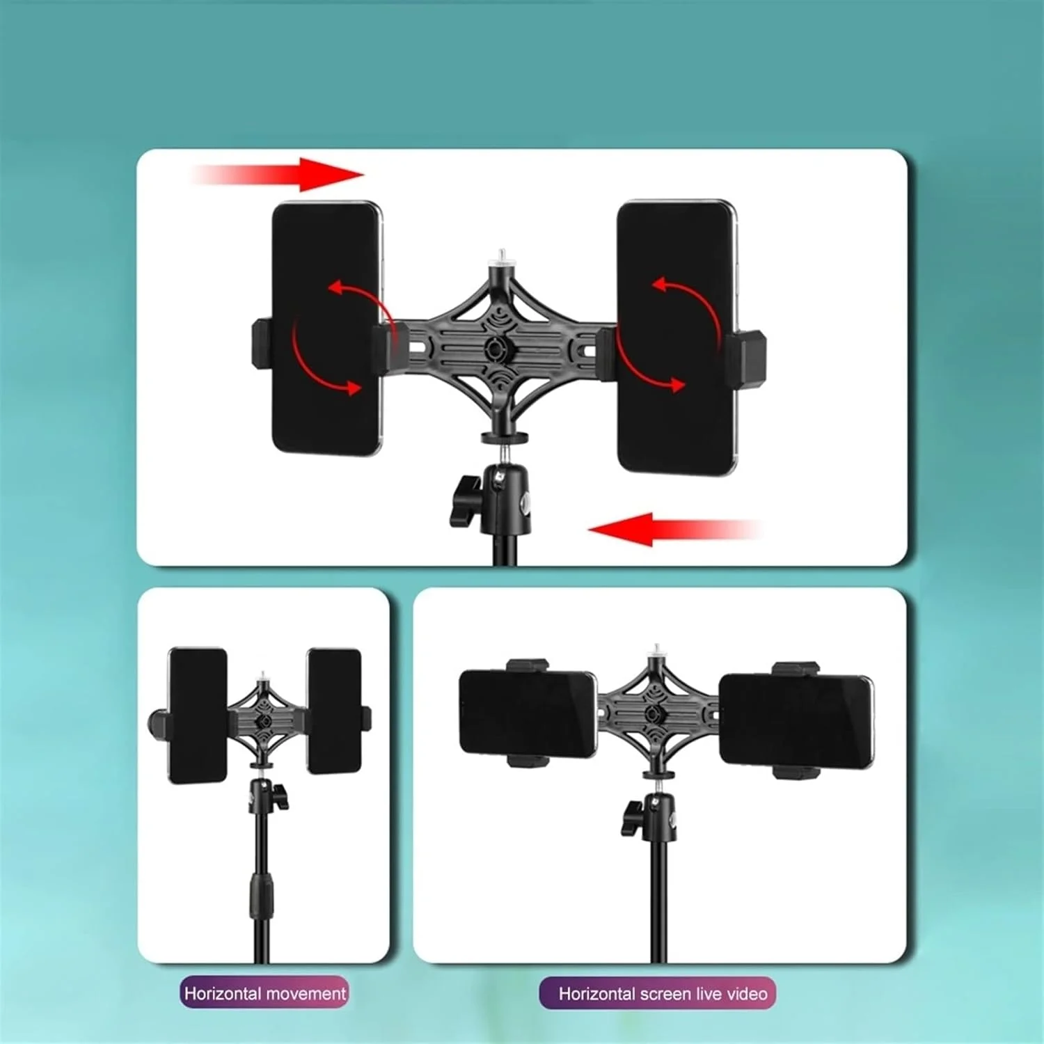 سه پایه نگهدارنده دوگانه گیره تلفن همراه برای فیلمبرداری و پخش زنده، براکت افقی، تثبیت کننده سه پایه، یونیورسال