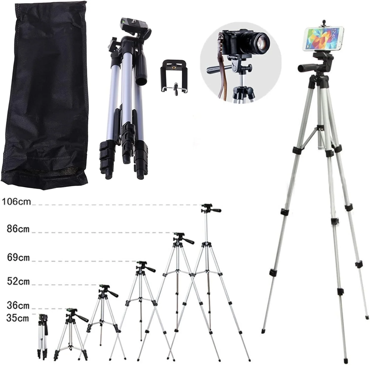 سه پایه دوربین ZURBAA، سه پایه سبک وزن دوربین، پایه آلومینیومی حرفه ای قابل حمل، تک پایه مسافرتی با سر توپی فشرده برای دوربین های DSLR و تلفن های هوشمند
