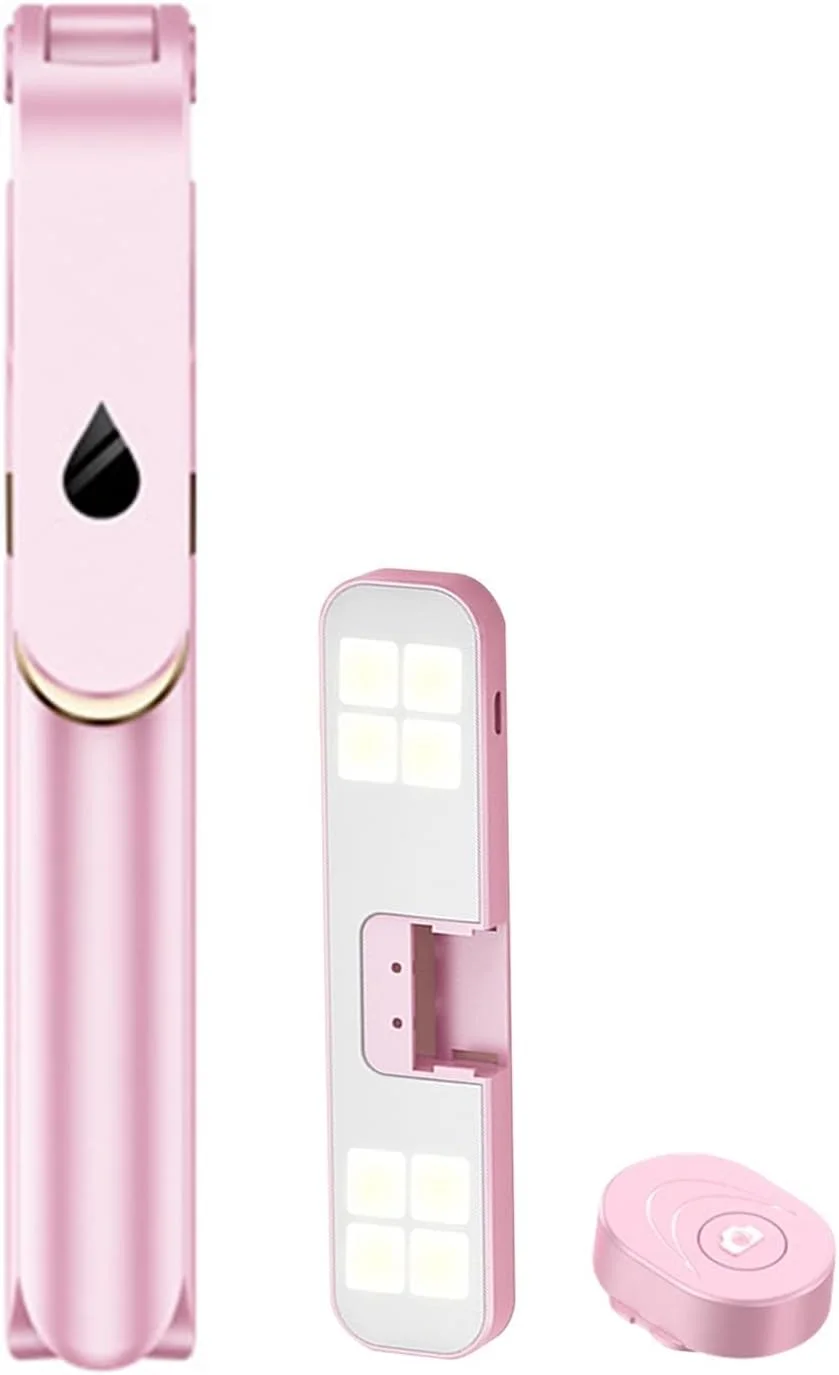 پایه نگهدارنده تاشو و جمع‌شونده ZURBAA مناسب برای ویدیو، پخش زنده و سلفی، سازگار با نور تکمیلی، دارای ریموت کنترل ضد لغزش (رنگ: صورتی)