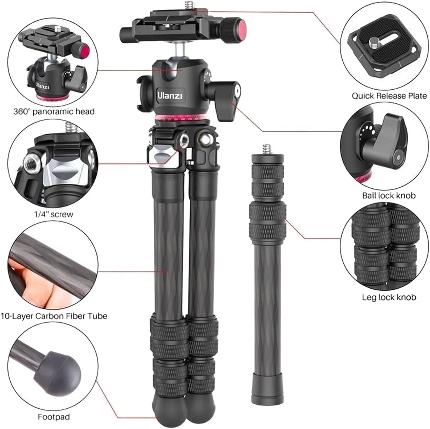 سه پایه حرفه ای فیبر کربنی ZURBAA، سه پایه تک پایه دوربین دیجیتال DSLR، سبک و جمع و جور سه پایه حرفه ای فیبر کربنی ZURBAA، سه پایه تک پایه دوربین دیجیتال DSLR، سبک و جمع و جور