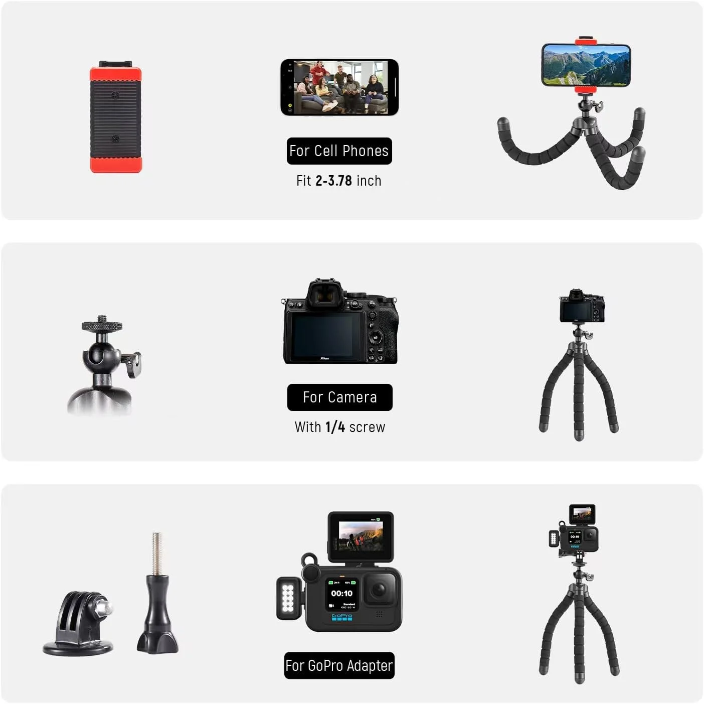 سه پایه کوچک تلفن همراه، نگهدارنده دوربین مسافرتی قابل حمل، پایه سه پایه انعطاف پذیر اختاپوسی، سازگار با تلفن های همراه، دوربین ها، GoPro (ATAY-11)