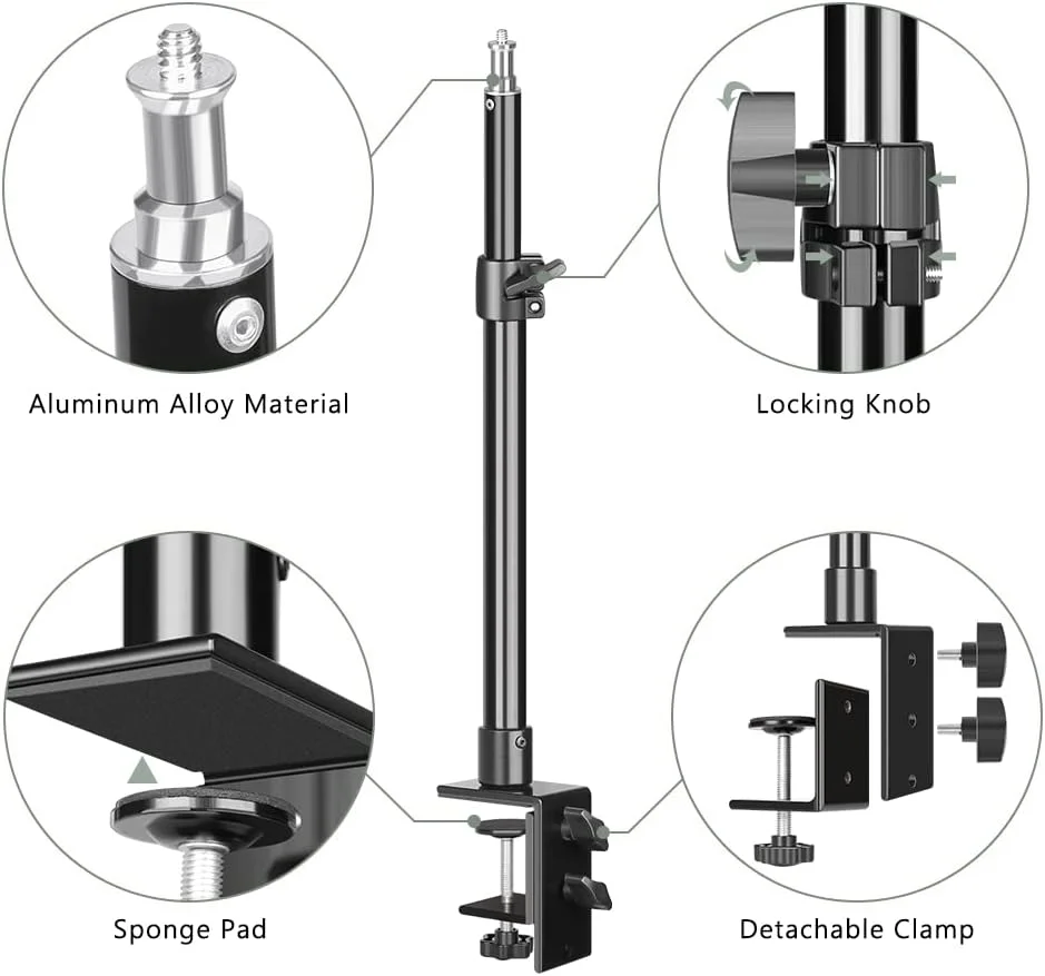 پایه رومیزی AECAM - SH، پایه نور آلومینیومی قابل تنظیم با نوک پیچ استاندارد 1/4 اینچی برای رینگ لایت، نور ویدئو (سه پایه) پایه رومیزی AECAM - SH، پایه نور آلومینیومی قابل تنظیم با نوک پیچ استاندارد 1/4 اینچی برای رینگ لایت، نور ویدئو (سه پایه)